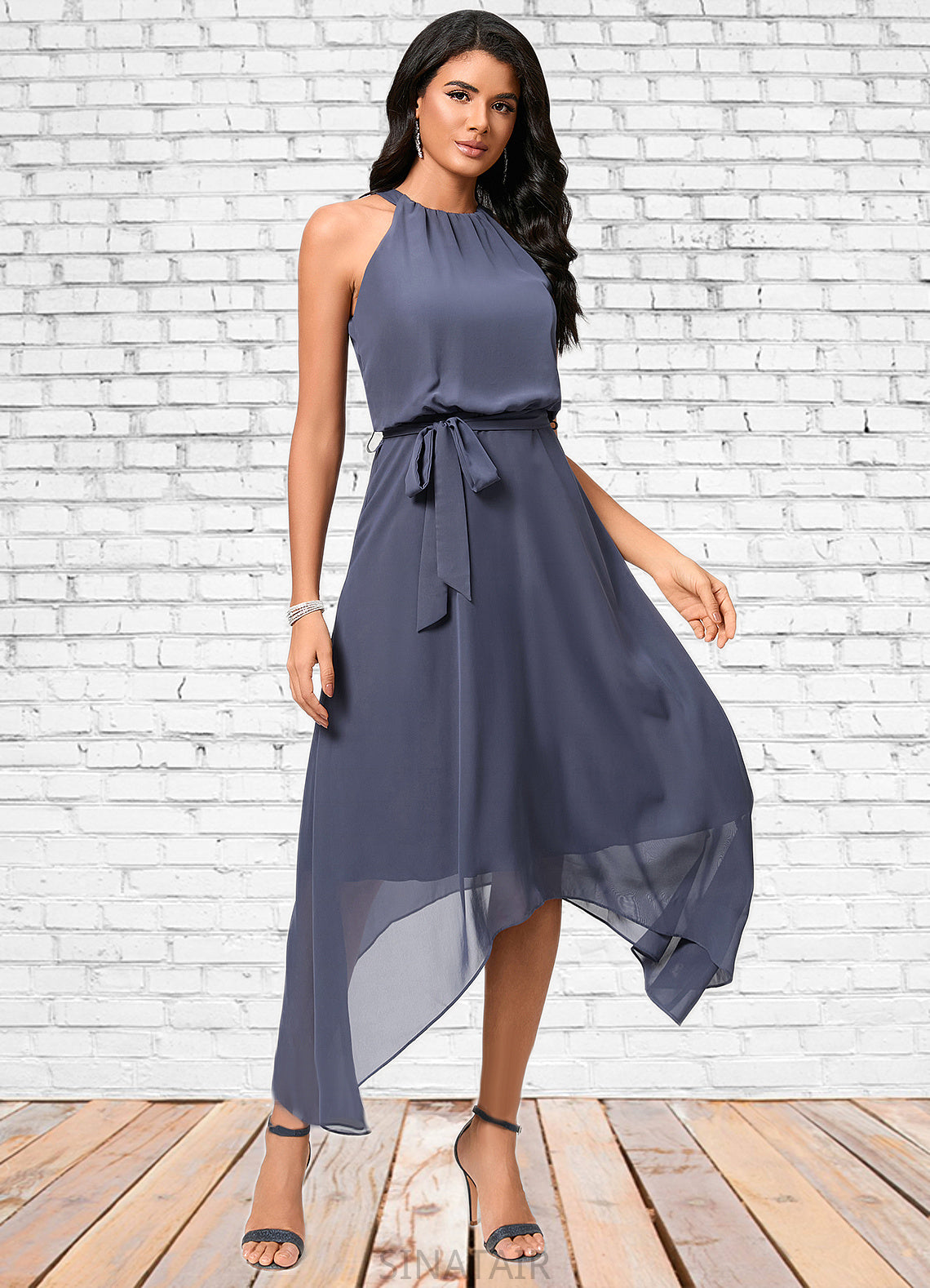 Bella A-line Scoop Ankle-Length Chiffon Cocktail Dress With Ruffle DHP0022361