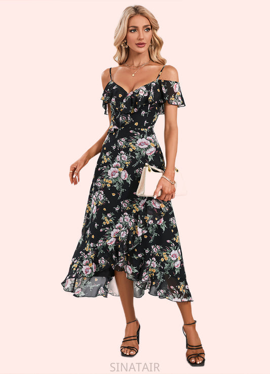 Madge Floral Print Cold Shoulder Elegant A-line Chiffon Asymmetrical Dresses DHP0022369