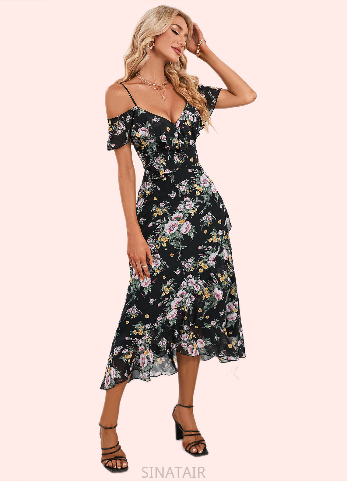 Madge Floral Print Cold Shoulder Elegant A-line Chiffon Asymmetrical Dresses DHP0022369