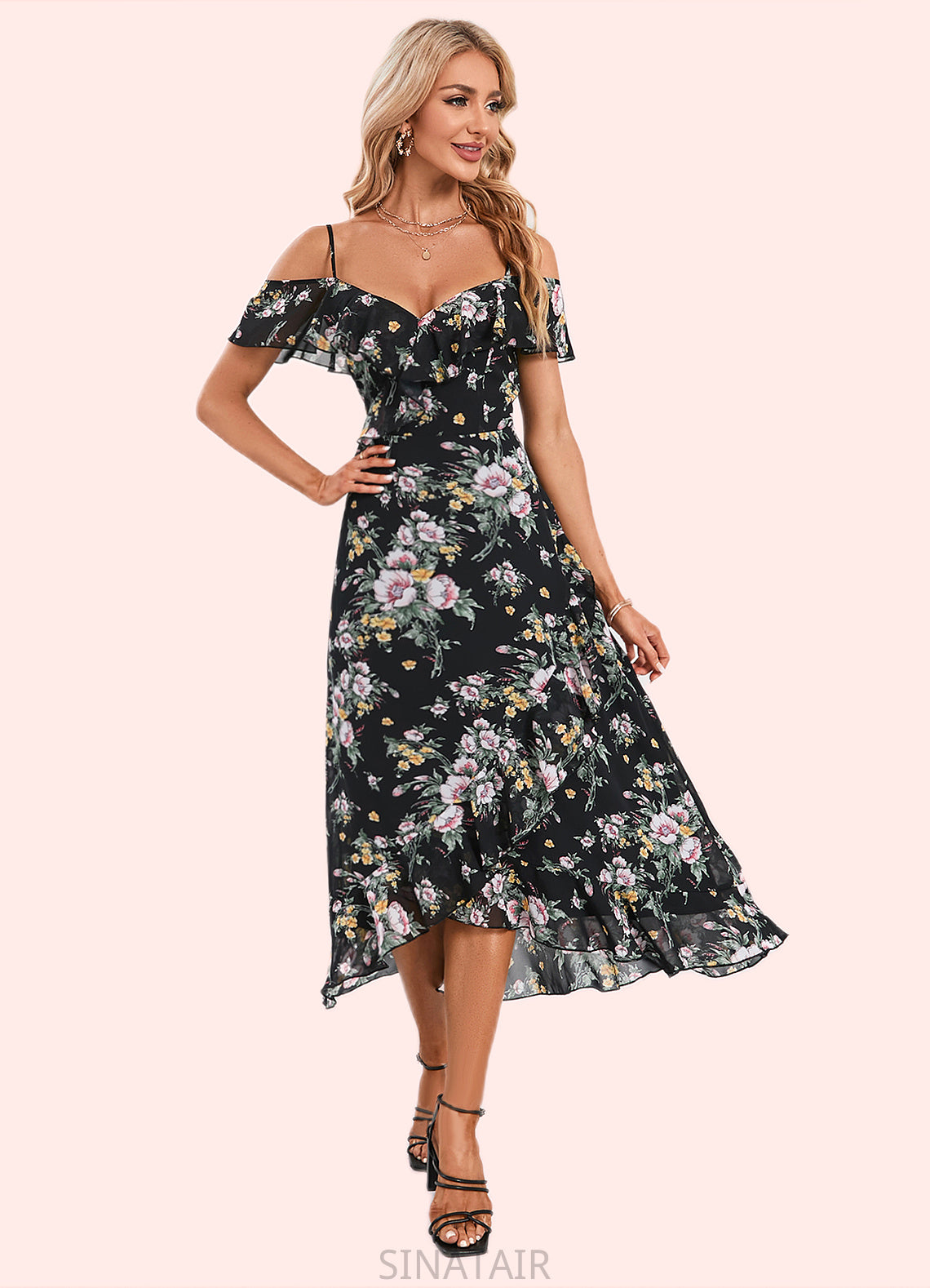 Madge Floral Print Cold Shoulder Elegant A-line Chiffon Asymmetrical Dresses DHP0022369