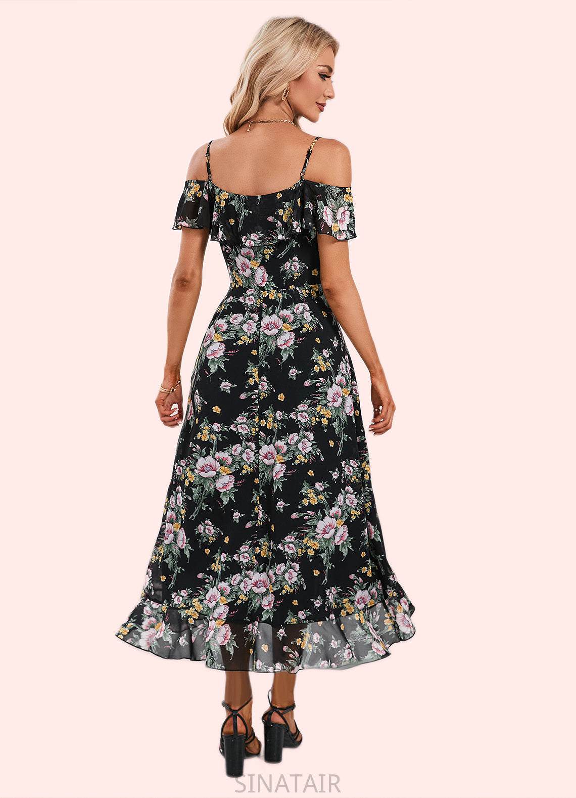 Madge Floral Print Cold Shoulder Elegant A-line Chiffon Asymmetrical Dresses DHP0022369