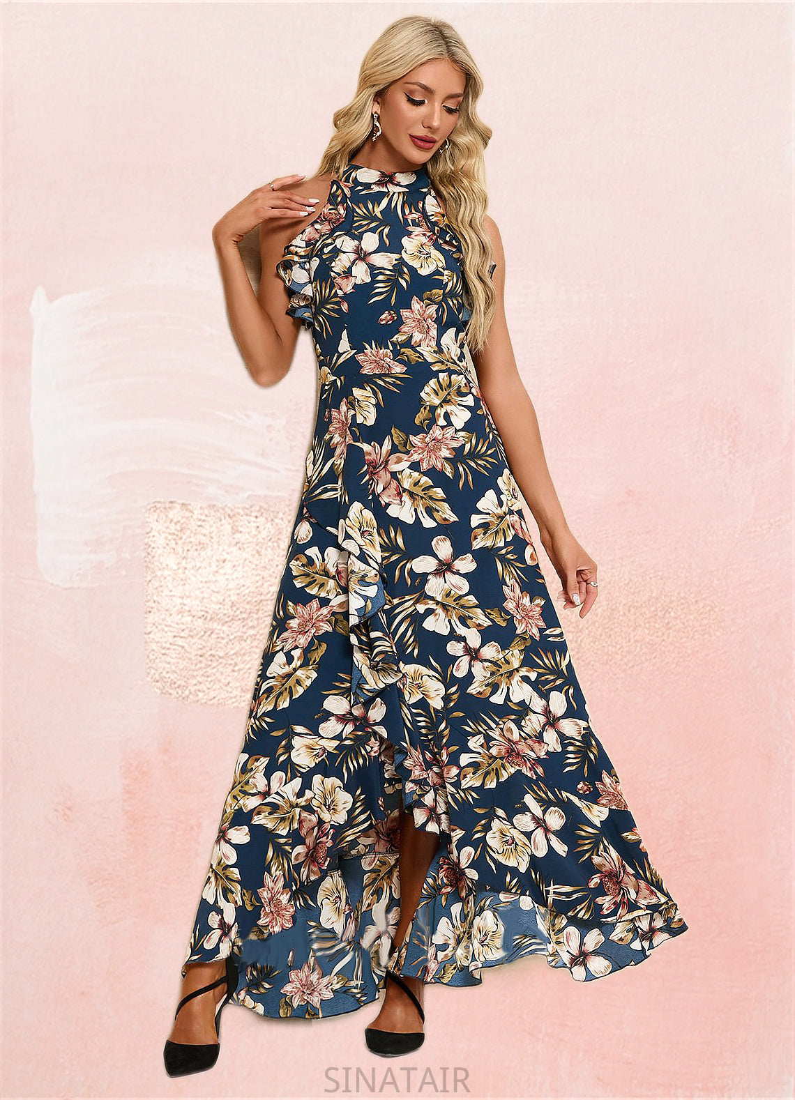 Cristal Ruffle Floral Print High Neck Elegant A-line Polyester Asymmetrical Dresses DHP0022373