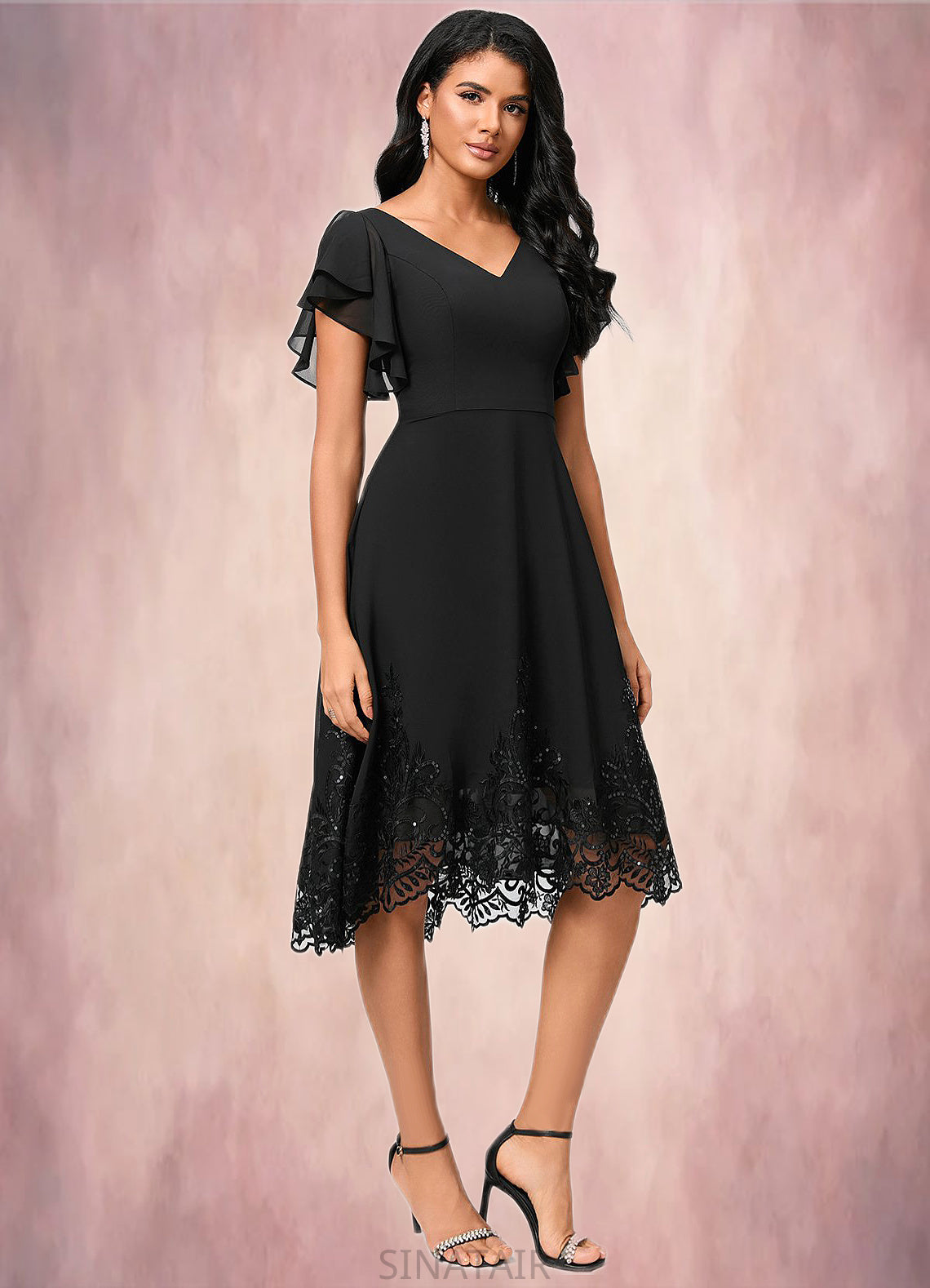 Alondra A-line V-Neck Asymmetrical Chiffon Lace Cocktail Dress With Sequins DHP0022377