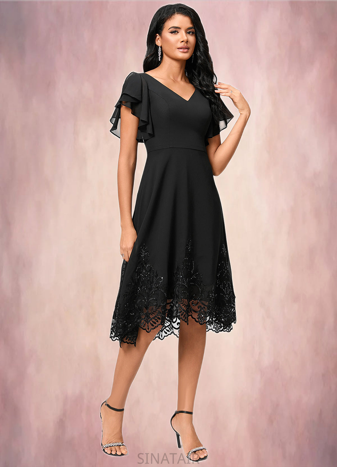 Alondra A-line V-Neck Asymmetrical Chiffon Lace Cocktail Dress With Sequins DHP0022377