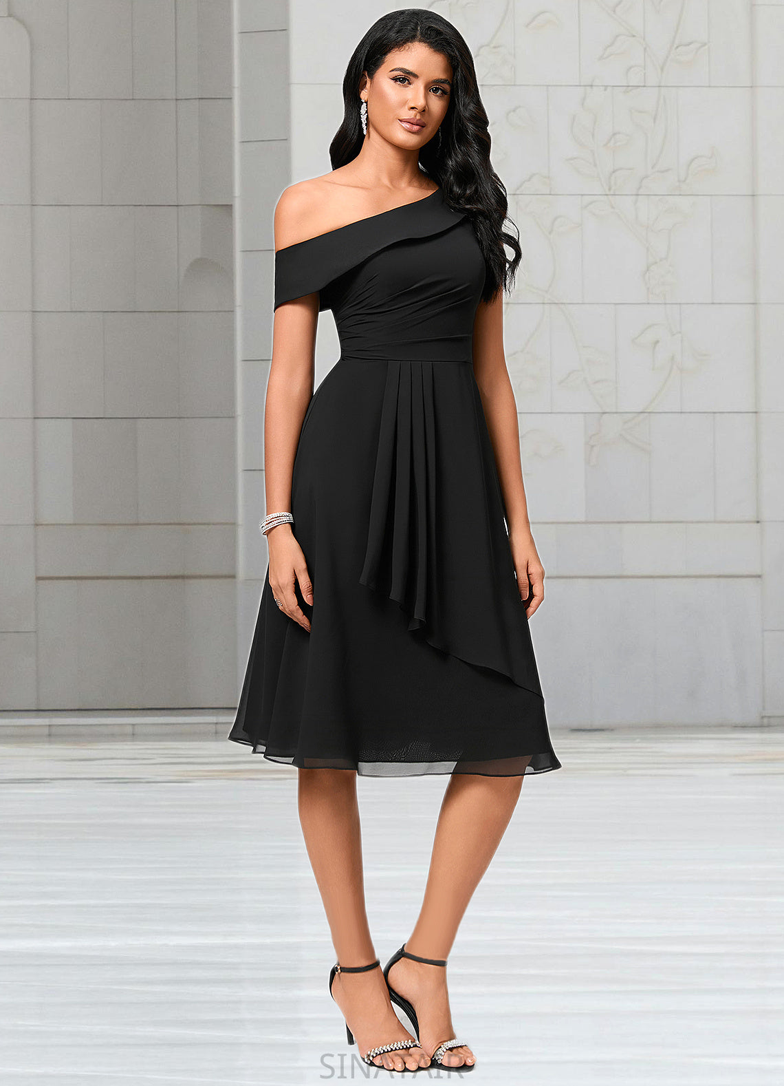 Karley A-line One Shoulder Tea-Length Chiffon Cocktail Dress With Ruffle DHP0022378