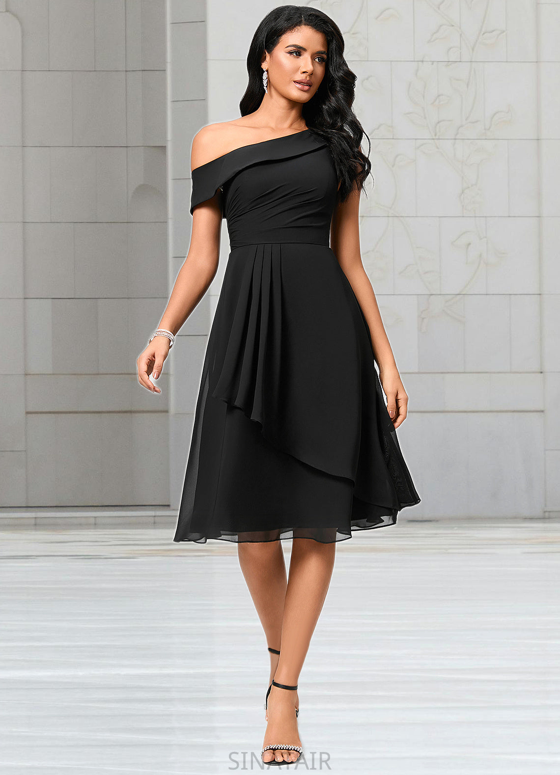 Karley A-line One Shoulder Tea-Length Chiffon Cocktail Dress With Ruffle DHP0022378