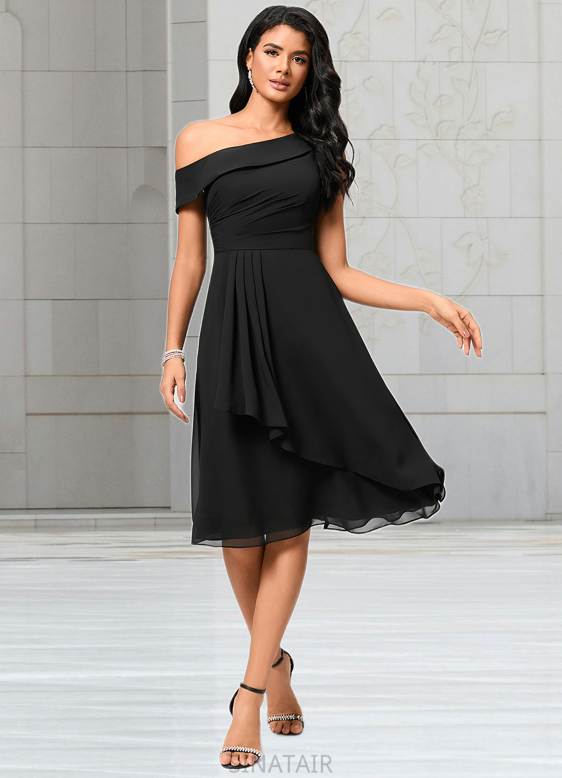 Karley A-line One Shoulder Tea-Length Chiffon Cocktail Dress With Ruffle DHP0022378