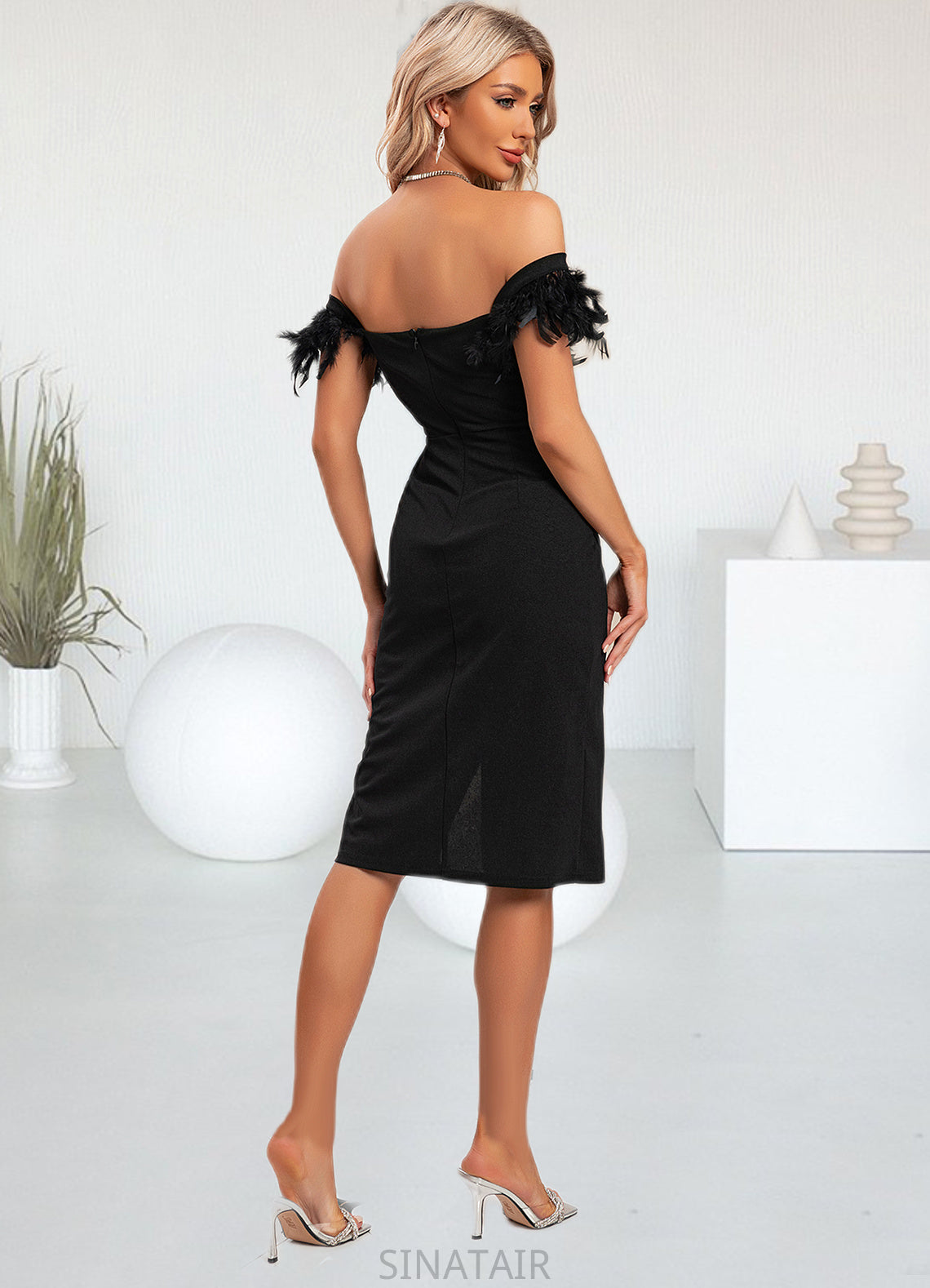 Mckayla Faux Feather Off the Shoulder Elegant Sheath/Column Polyester Midi Dresses DHP0022381