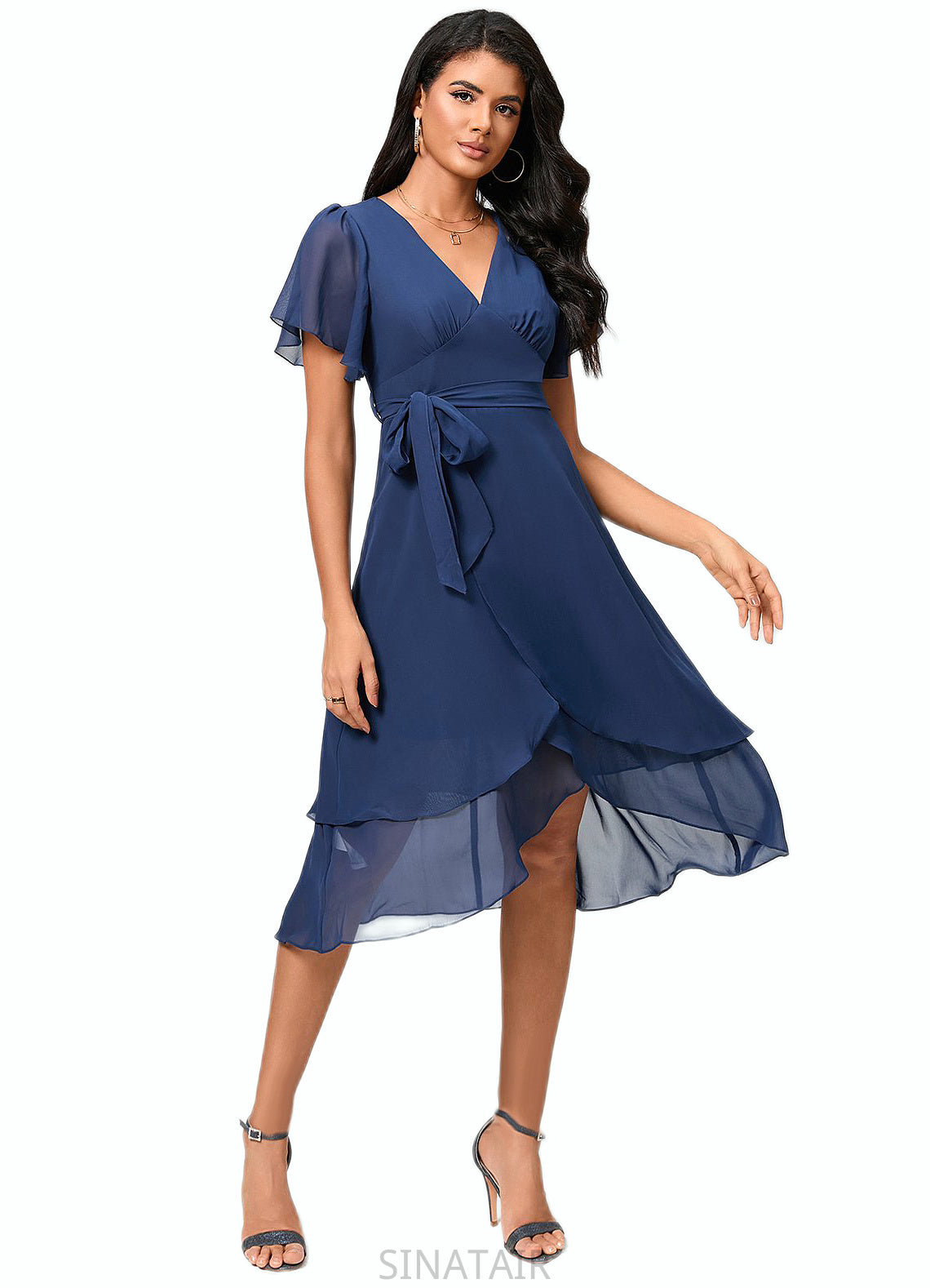 Tiana A-line V-Neck Asymmetrical Chiffon Cocktail Dress With Ruffle DHP0022398