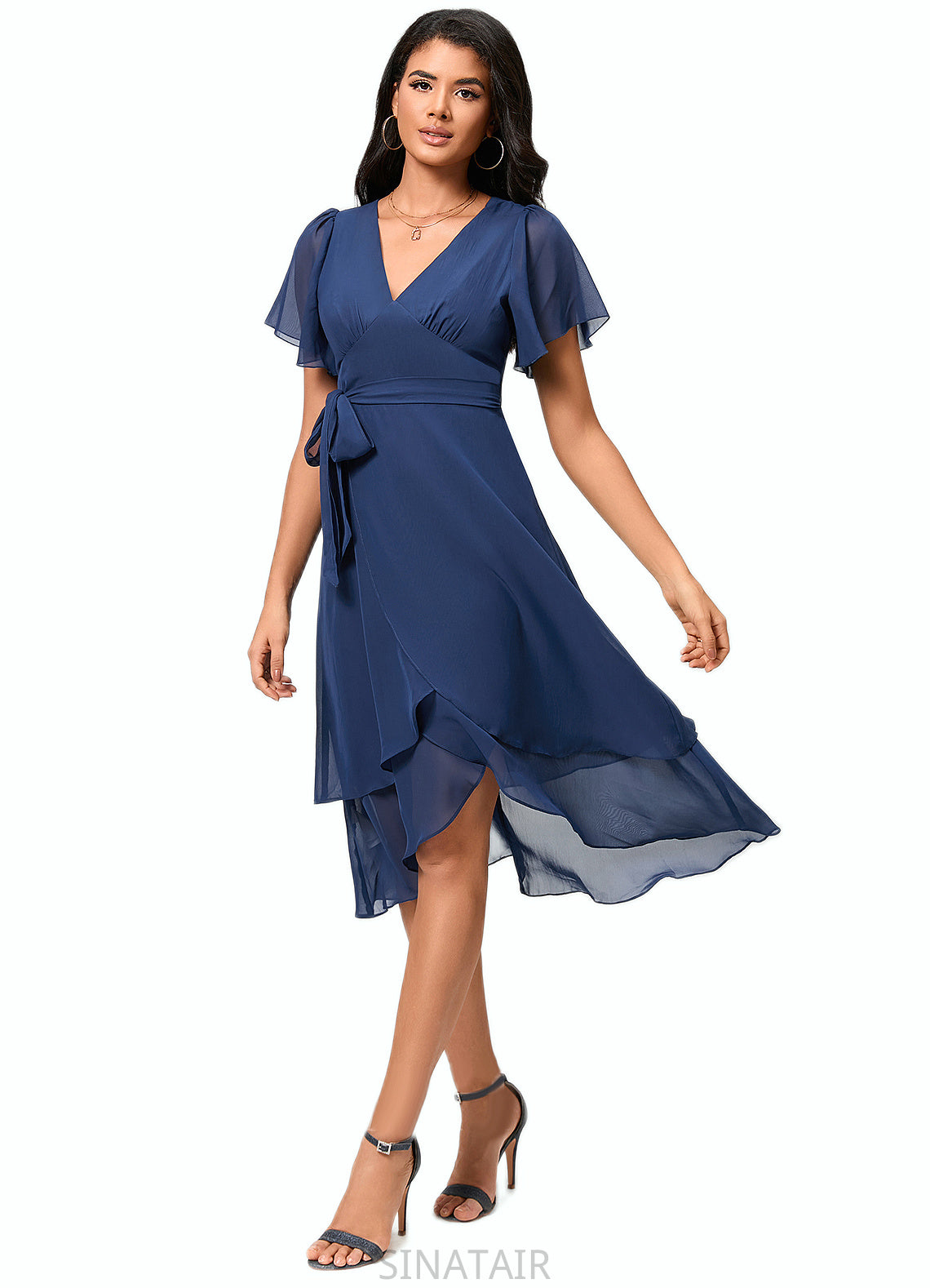 Tiana A-line V-Neck Asymmetrical Chiffon Cocktail Dress With Ruffle DHP0022398