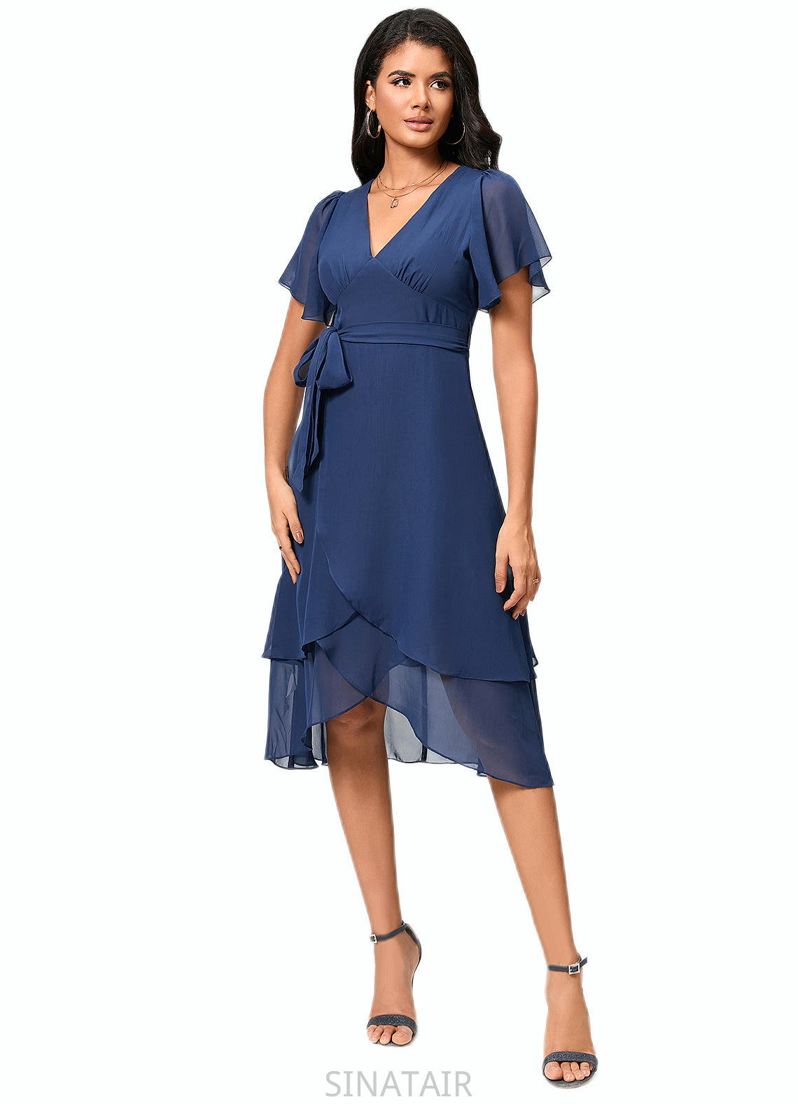 Tiana A-line V-Neck Asymmetrical Chiffon Cocktail Dress With Ruffle DHP0022398