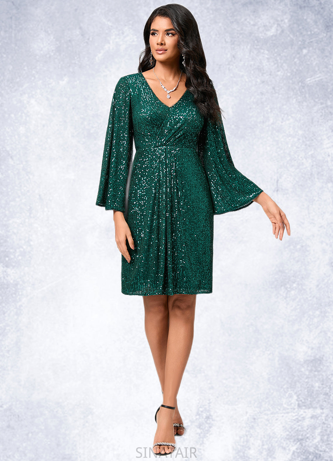 Carley Sheath/Column V-Neck Knee-Length Sequin Cocktail Dress With Ruffle DHP0022400