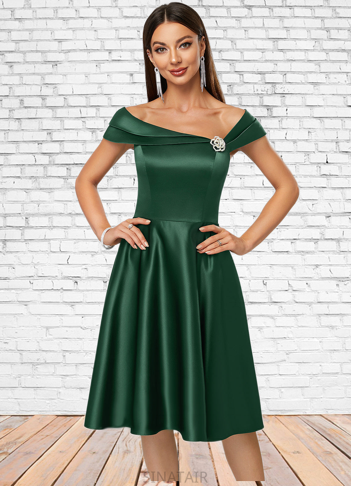 Meadow A-line Asymmetrical Knee-Length Satin Cocktail Dress With Rhinestone Crystal Brooch DHP0022407