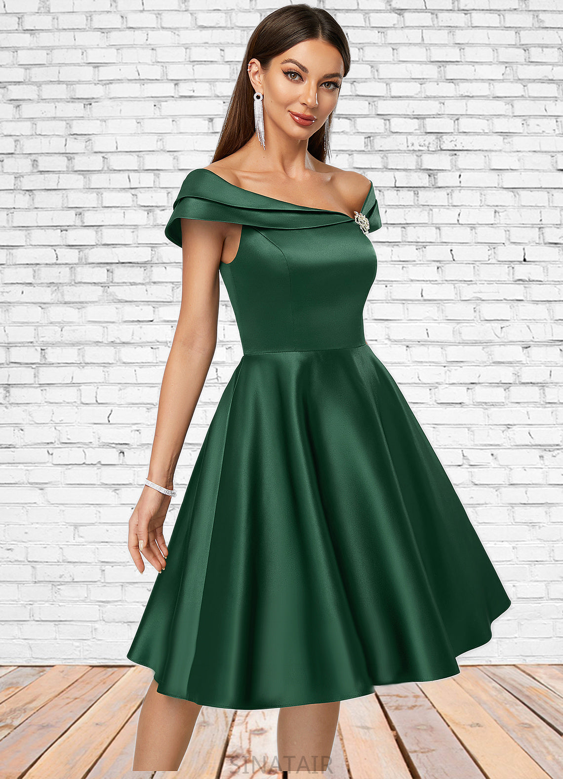 Meadow A-line Asymmetrical Knee-Length Satin Cocktail Dress With Rhinestone Crystal Brooch DHP0022407