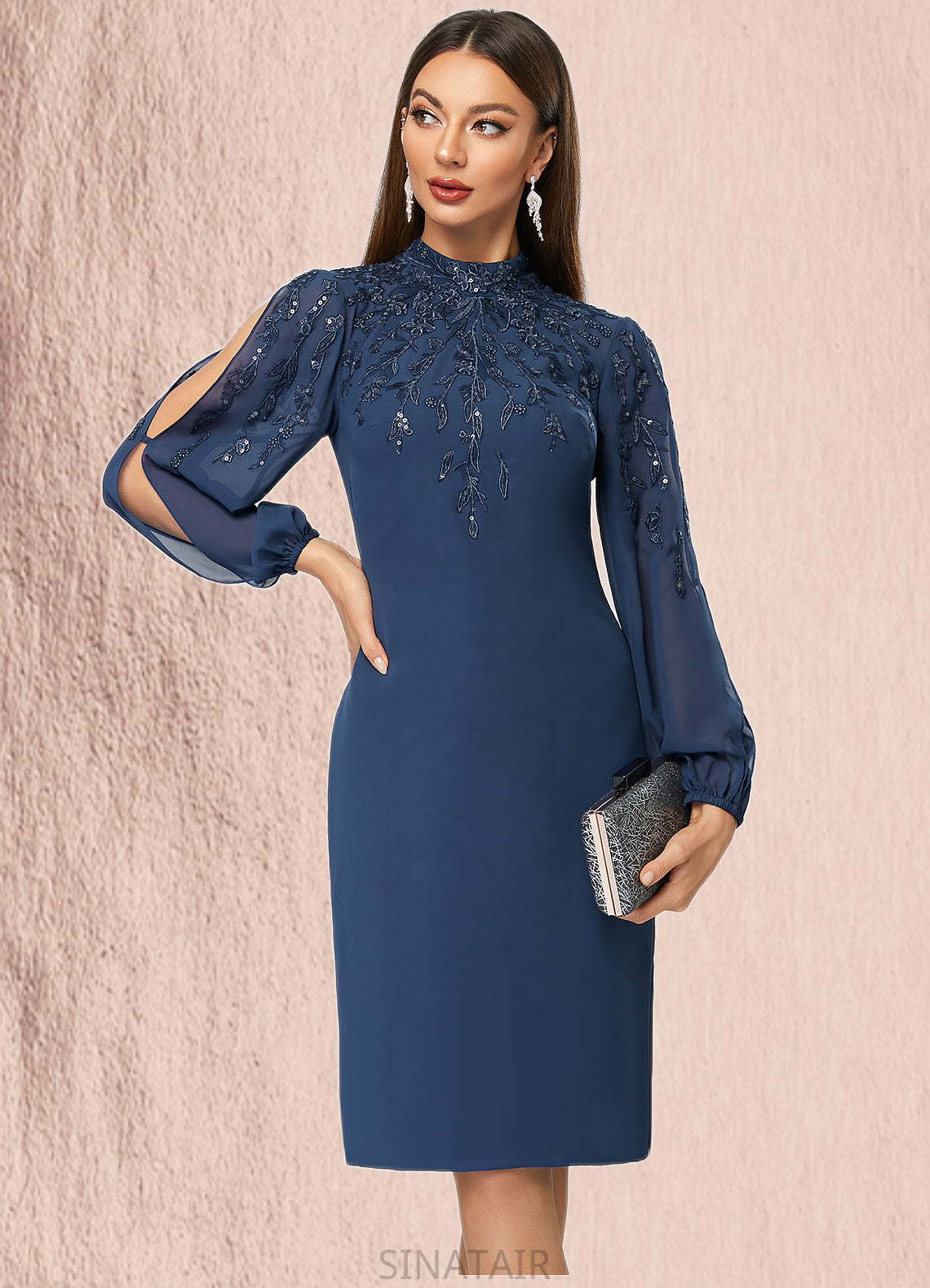 Aiyana Sheath/Column High Neck Knee-Length Chiffon Cocktail Dress With Appliques Lace Sequins DHP0022408