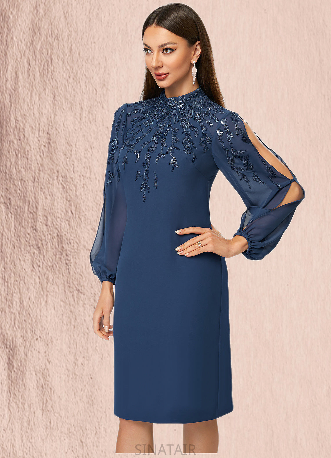 Aiyana Sheath/Column High Neck Knee-Length Chiffon Cocktail Dress With Appliques Lace Sequins DHP0022408