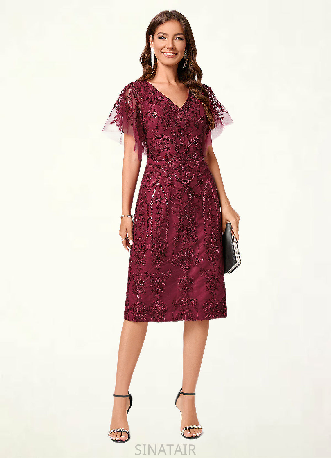 Xiomara A-line Off the Shoulder Knee-Length Lace Sequin Cocktail Dress With Sequins DHP0022420