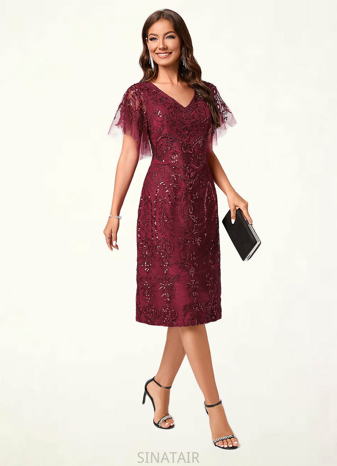 Xiomara A-line Off the Shoulder Knee-Length Lace Sequin Cocktail Dress With Sequins DHP0022420