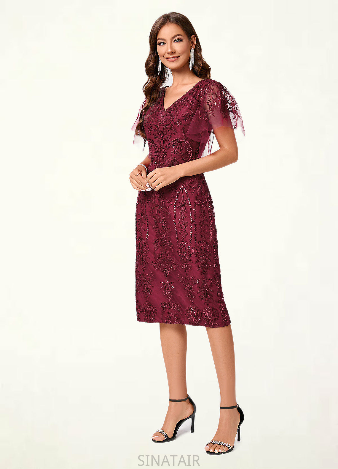 Xiomara A-line Off the Shoulder Knee-Length Lace Sequin Cocktail Dress With Sequins DHP0022420