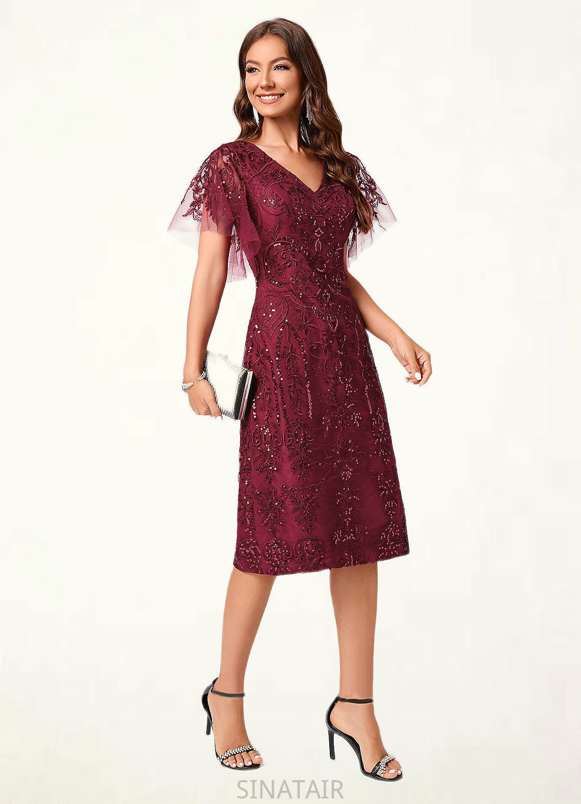 Xiomara A-line Off the Shoulder Knee-Length Lace Sequin Cocktail Dress With Sequins DHP0022420