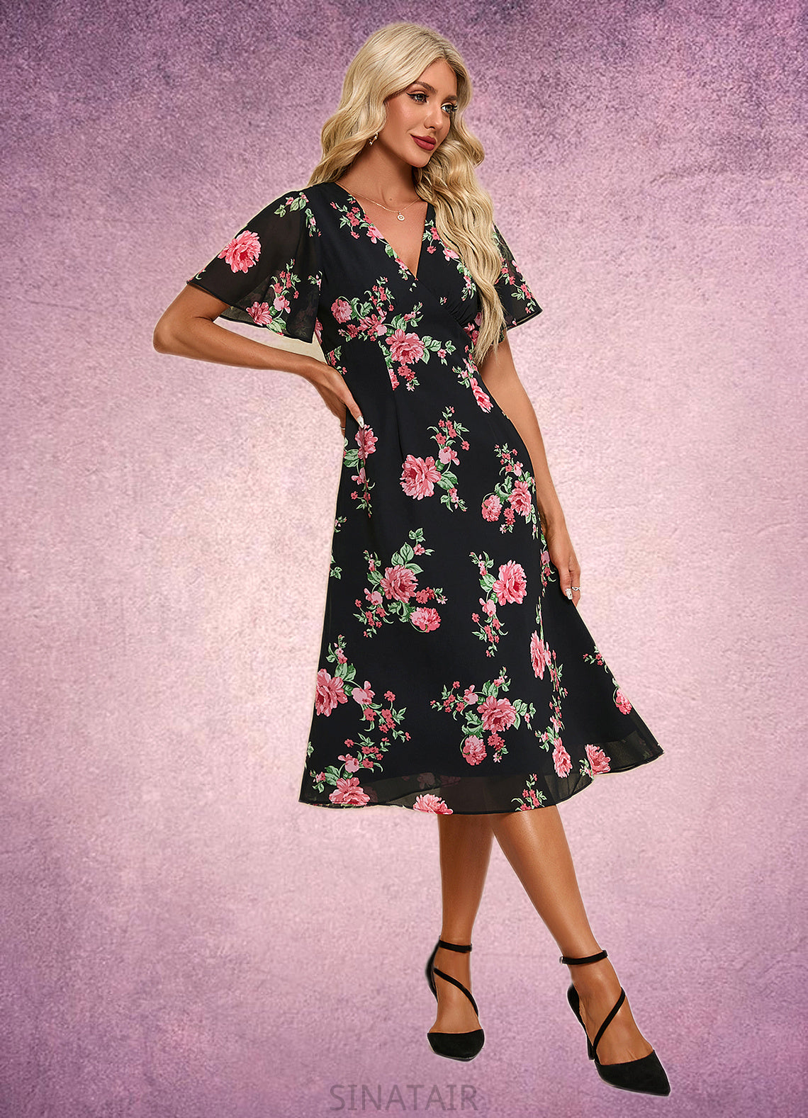 Daphne Floral Print V-Neck Elegant A-line Chiffon Midi Dresses DHP0022424