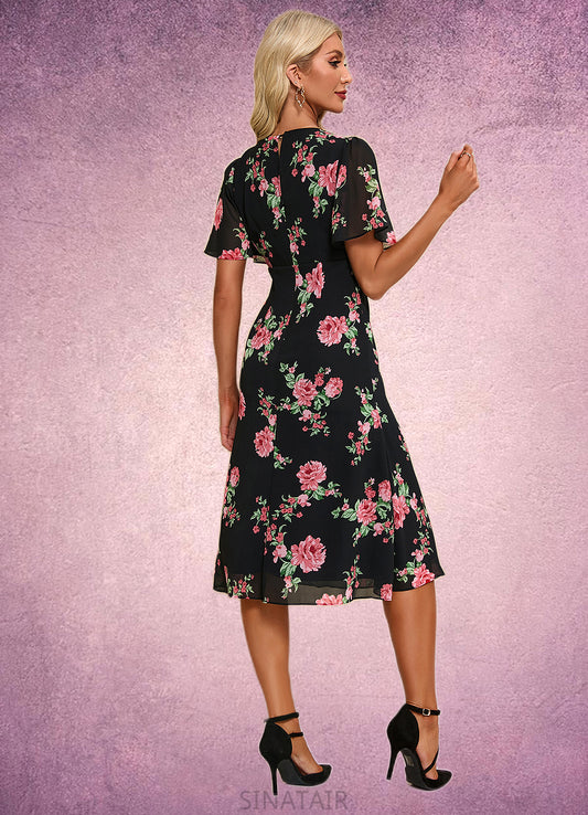 Daphne Floral Print V-Neck Elegant A-line Chiffon Midi Dresses DHP0022424