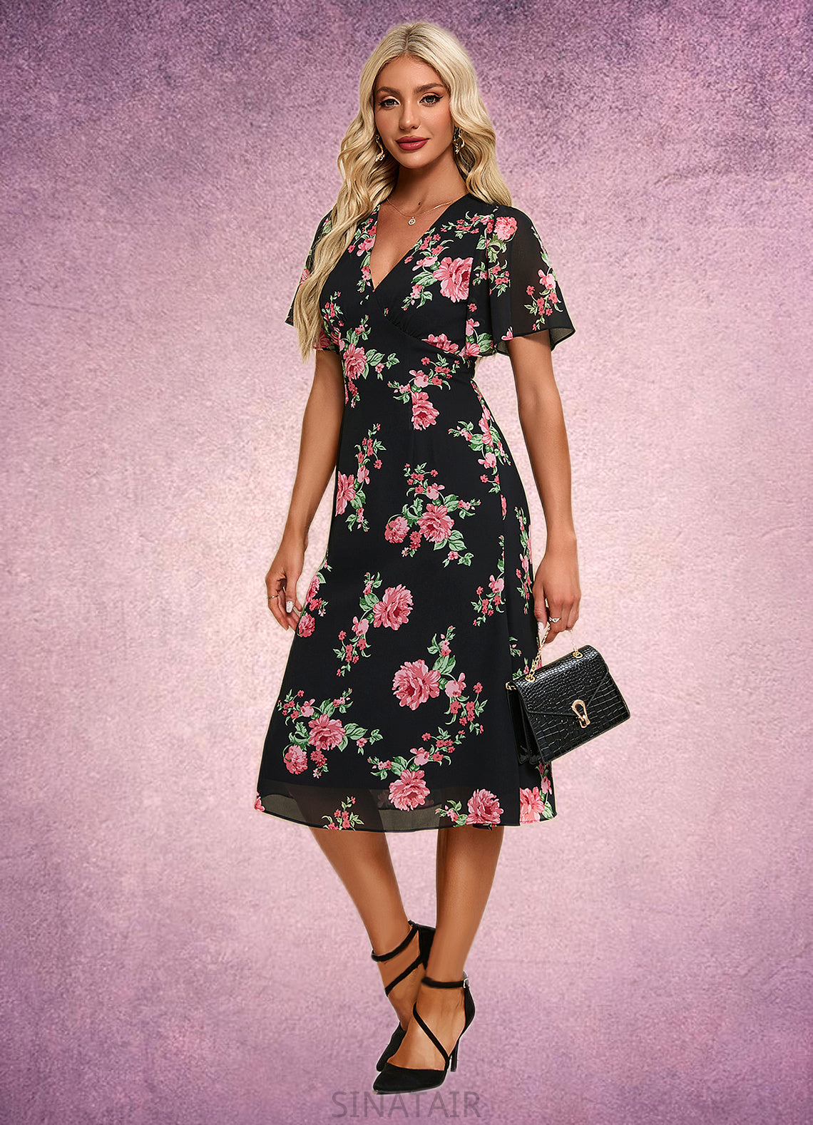 Daphne Floral Print V-Neck Elegant A-line Chiffon Midi Dresses DHP0022424