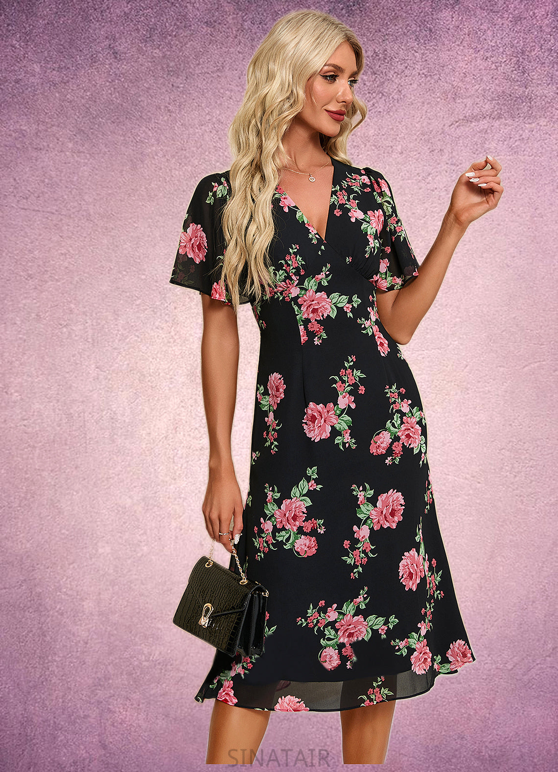 Daphne Floral Print V-Neck Elegant A-line Chiffon Midi Dresses DHP0022424