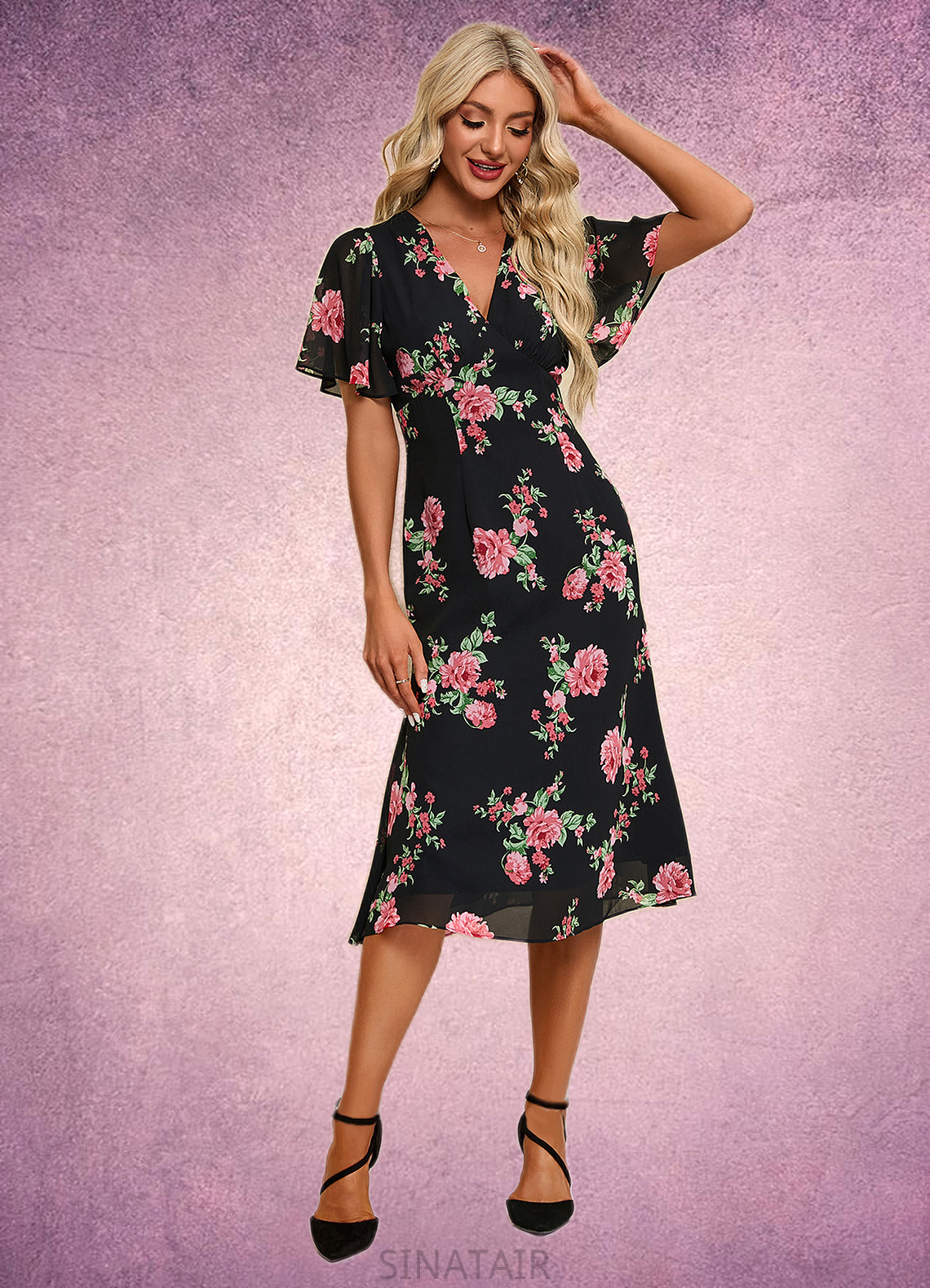 Daphne Floral Print V-Neck Elegant A-line Chiffon Midi Dresses DHP0022424