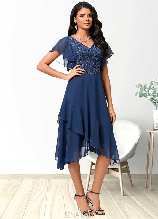 Shania A-line V-Neck Tea-Length Chiffon Lace Cocktail Dress With Cascading Ruffles DHP0022430