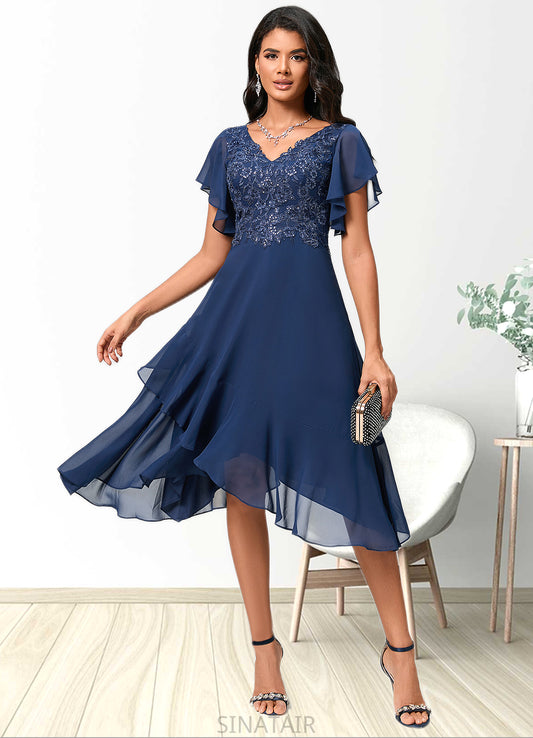 Shania A-line V-Neck Tea-Length Chiffon Lace Cocktail Dress With Cascading Ruffles DHP0022430