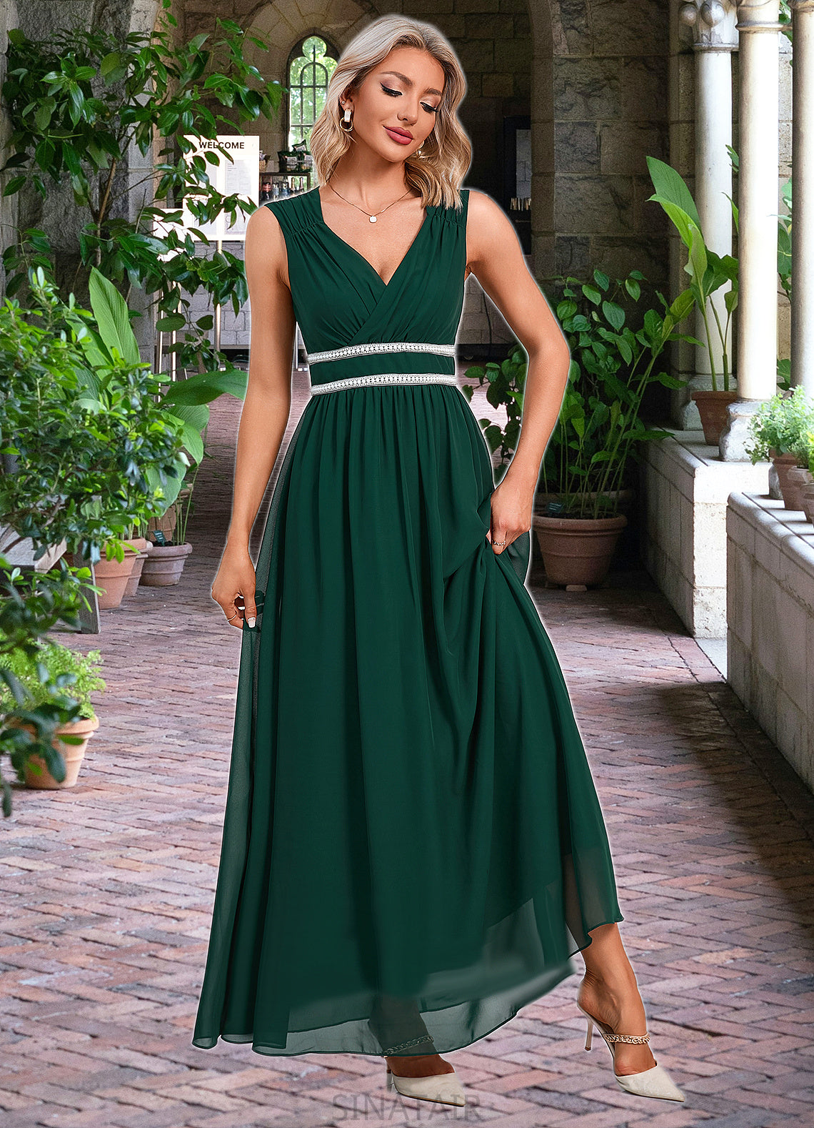 Saniyah Beading Ruffle V-Neck Elegant A-line Chiffon Maxi Dresses DHP0022431