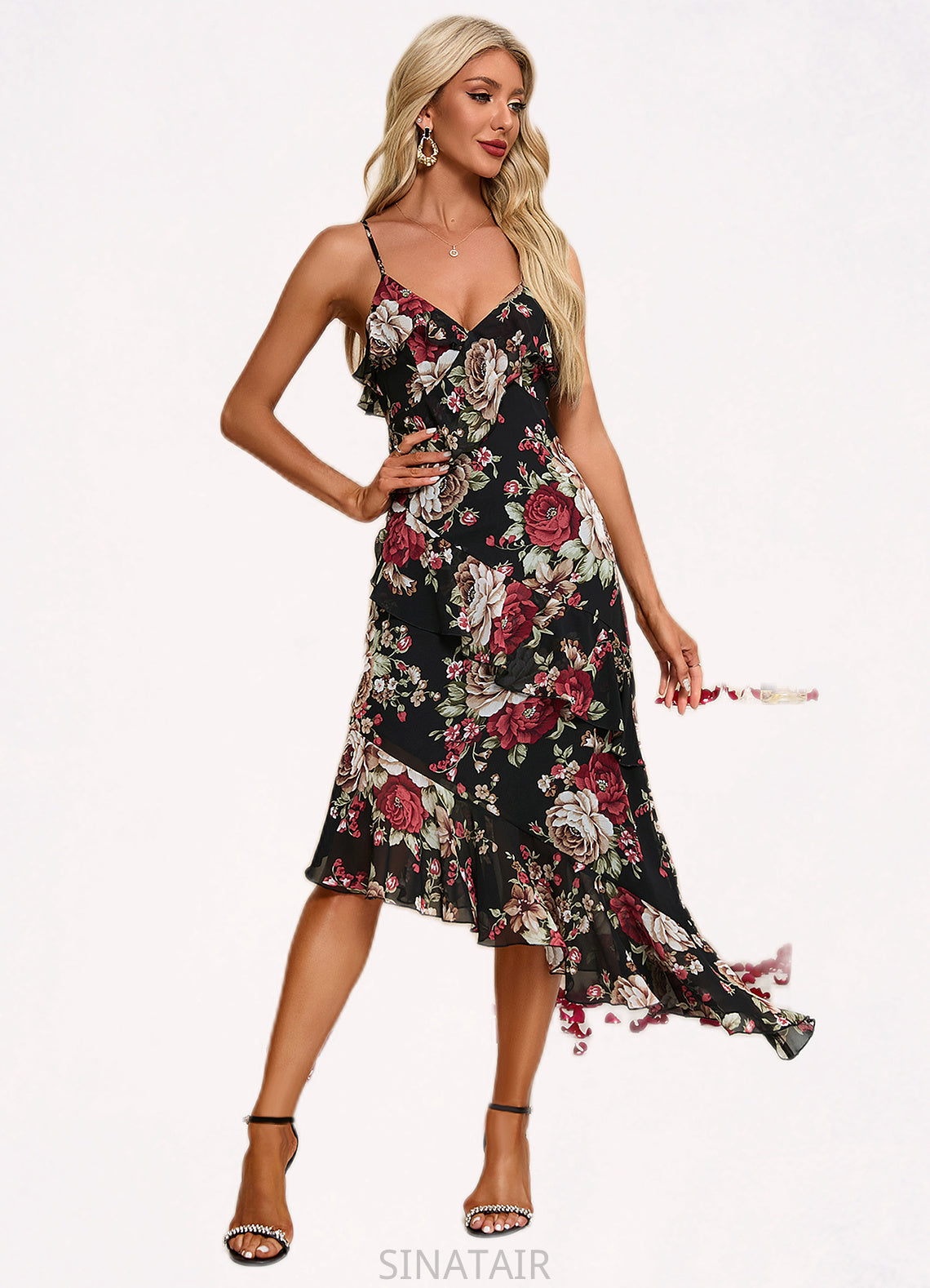 Marianna Ruffle Floral Print V-Neck Elegant A-line Chiffon Asymmetrical Dresses DHP0022447