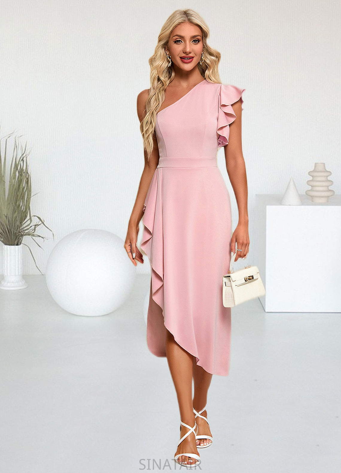 Kianna Ruffle One Shoulder Elegant Sheath/Column Polyester Asymmetrical Dresses DHP0022450