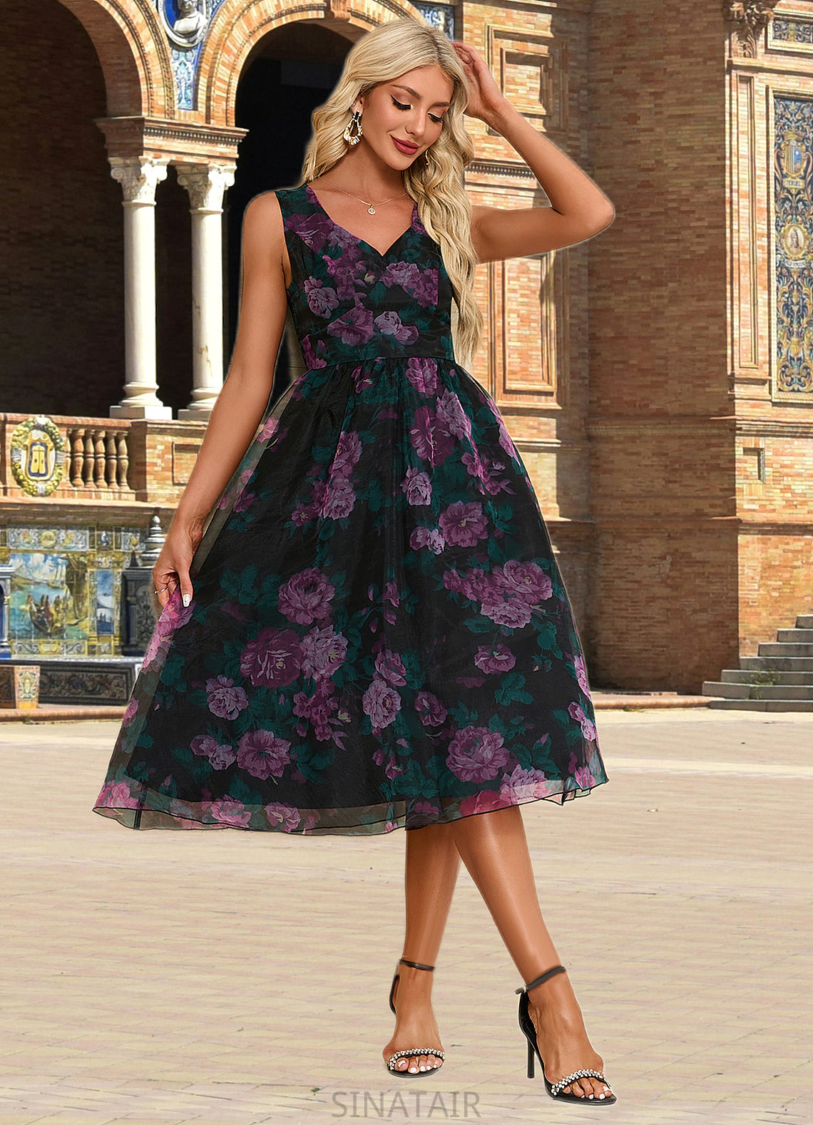 Marisa Floral Print Sweetheart Elegant A-line Organza Midi Dresses DHP0022454