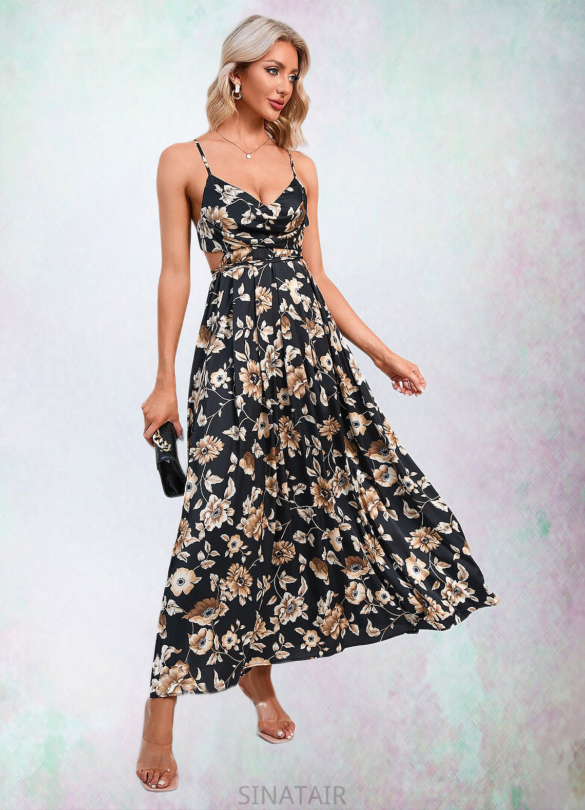 Jaslyn Flower Ruffle Floral Print Cowl Sexy A-line Satin Maxi Dresses DHP0022468