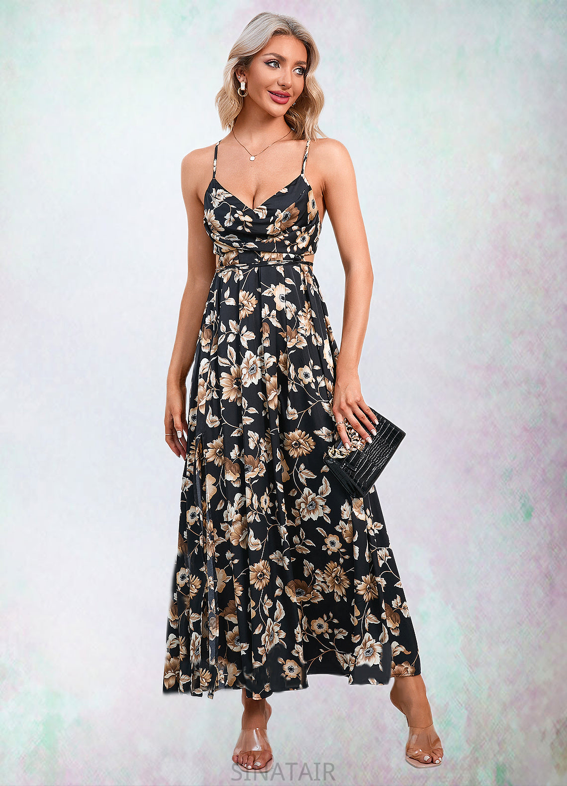 Jaslyn Flower Ruffle Floral Print Cowl Sexy A-line Satin Maxi Dresses DHP0022468