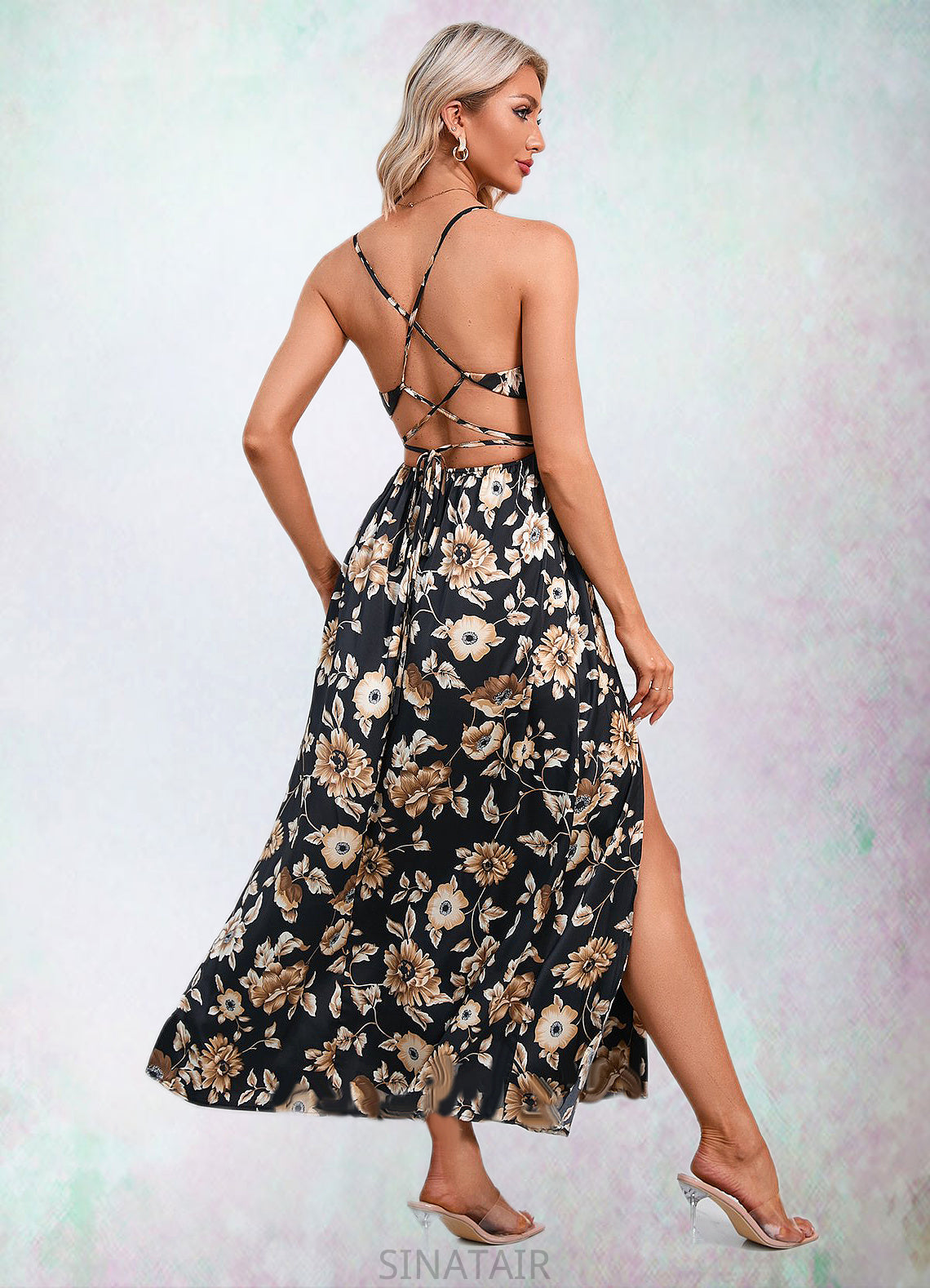 Jaslyn Flower Ruffle Floral Print Cowl Sexy A-line Satin Maxi Dresses DHP0022468