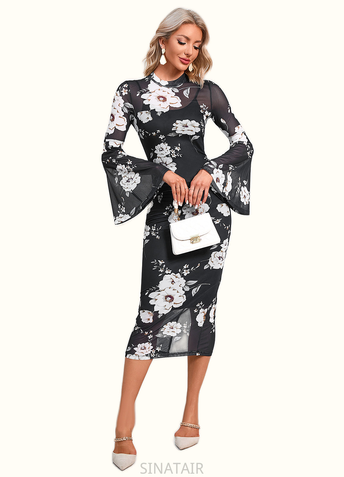 Karina Floral Print High Neck Elegant Bodycon Spandex Midi Dresses DHP0022470