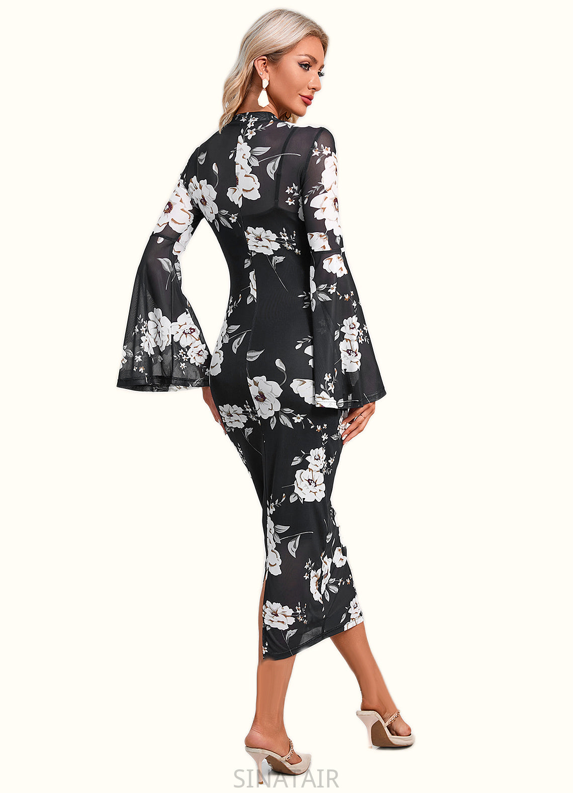 Karina Floral Print High Neck Elegant Bodycon Spandex Midi Dresses DHP0022470