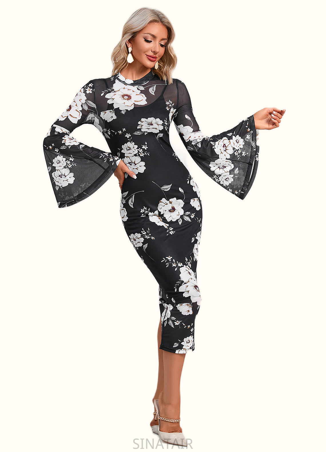 Karina Floral Print High Neck Elegant Bodycon Spandex Midi Dresses DHP0022470