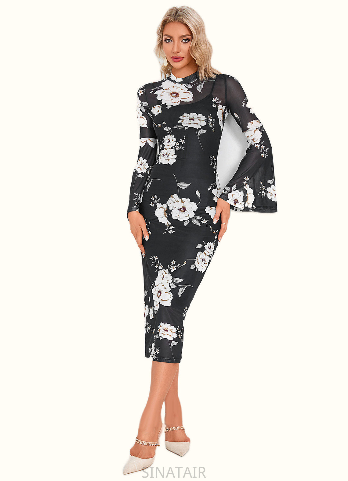 Karina Floral Print High Neck Elegant Bodycon Spandex Midi Dresses DHP0022470