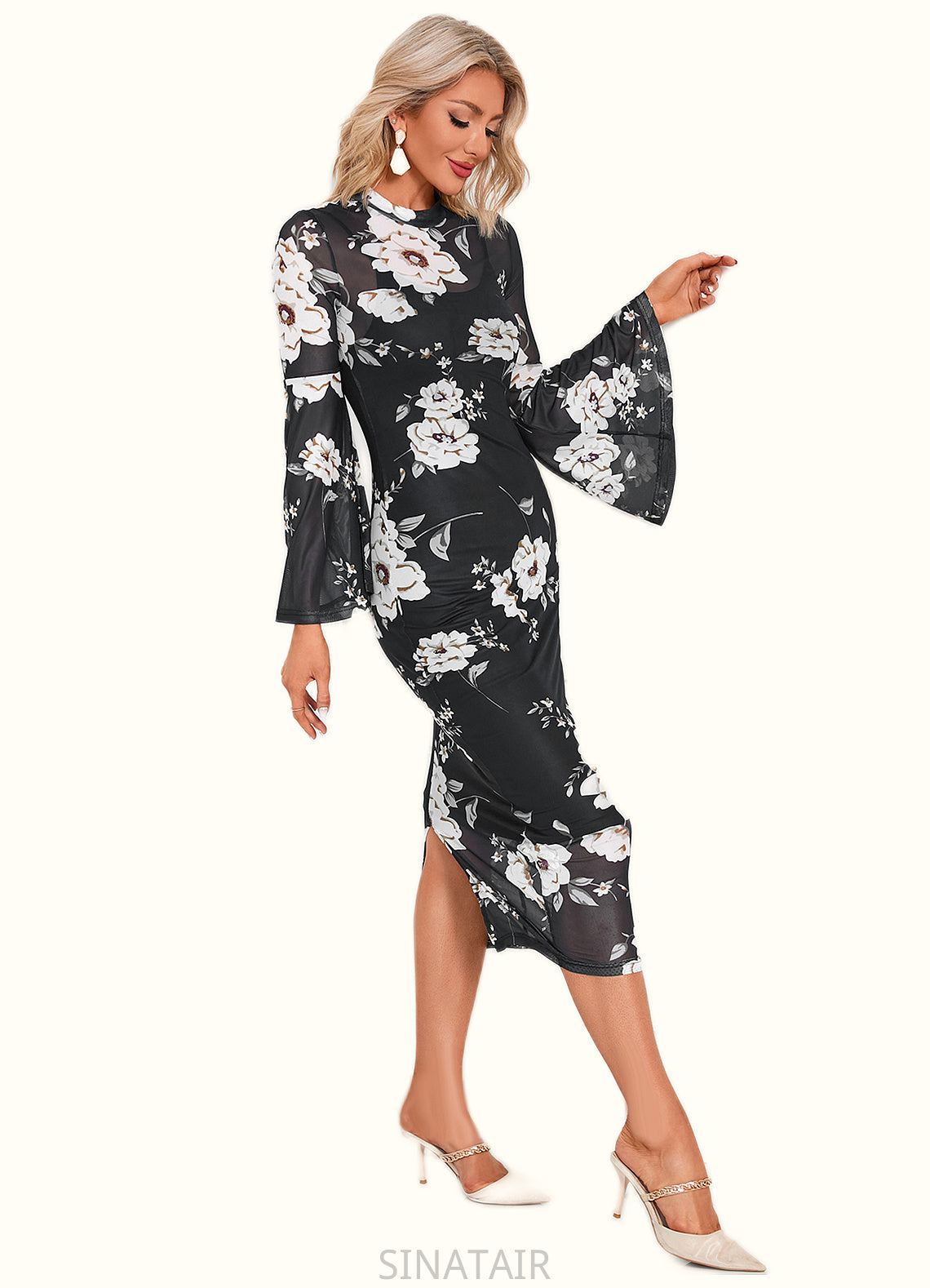 Karina Floral Print High Neck Elegant Bodycon Spandex Midi Dresses DHP0022470