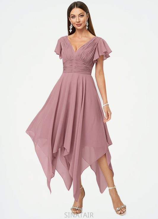 Kierra A-line V-Neck Ankle-Length Chiffon Cocktail Dress With Ruffle DHP0022486