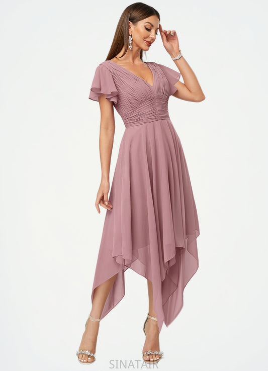 Kierra A-line V-Neck Ankle-Length Chiffon Cocktail Dress With Ruffle DHP0022486