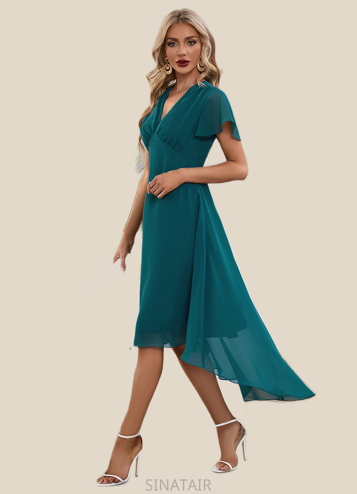 Ruth V-Neck Elegant A-line Chiffon Asymmetrical Midi Dresses DHP0022495