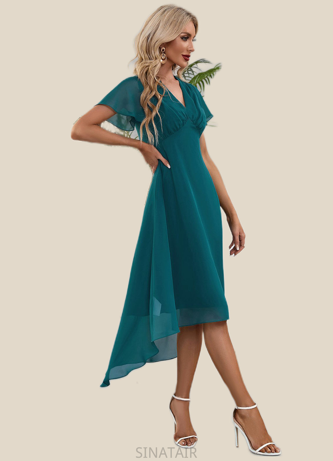 Ruth V-Neck Elegant A-line Chiffon Asymmetrical Midi Dresses DHP0022495