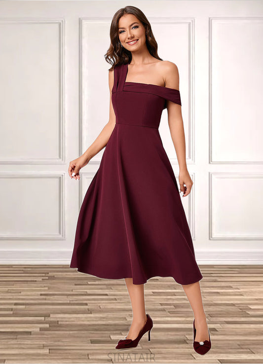 Jamie A-line One Shoulder Tea-Length Stretch Crepe Cocktail Dress With Ruffle DHP0022501