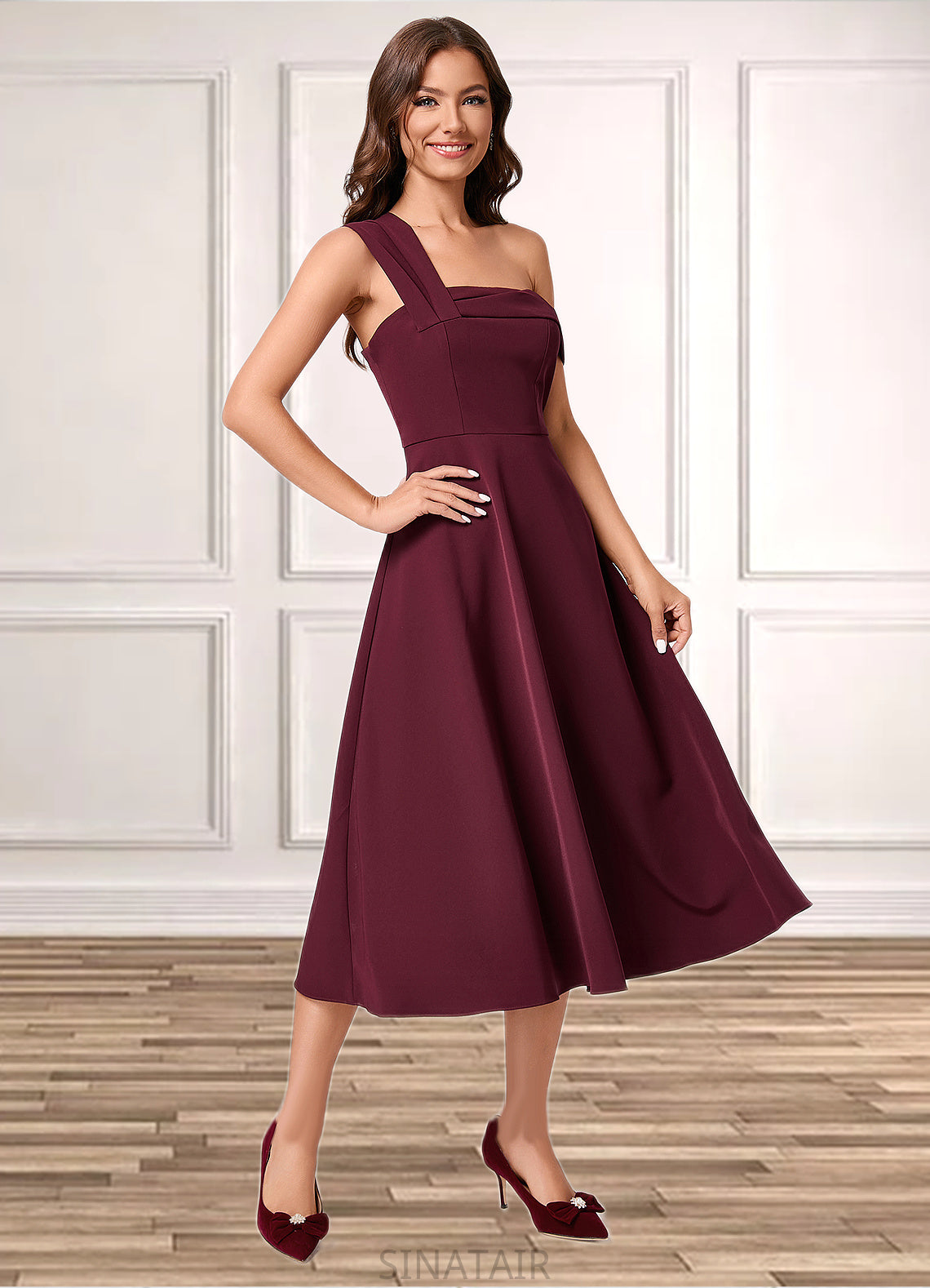 Jamie A-line One Shoulder Tea-Length Stretch Crepe Cocktail Dress With Ruffle DHP0022501