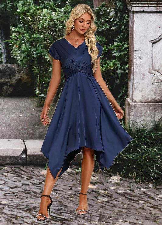 Lilith Bow V-Neck Elegant A-line Satin Asymmetrical Dresses DHP0022506